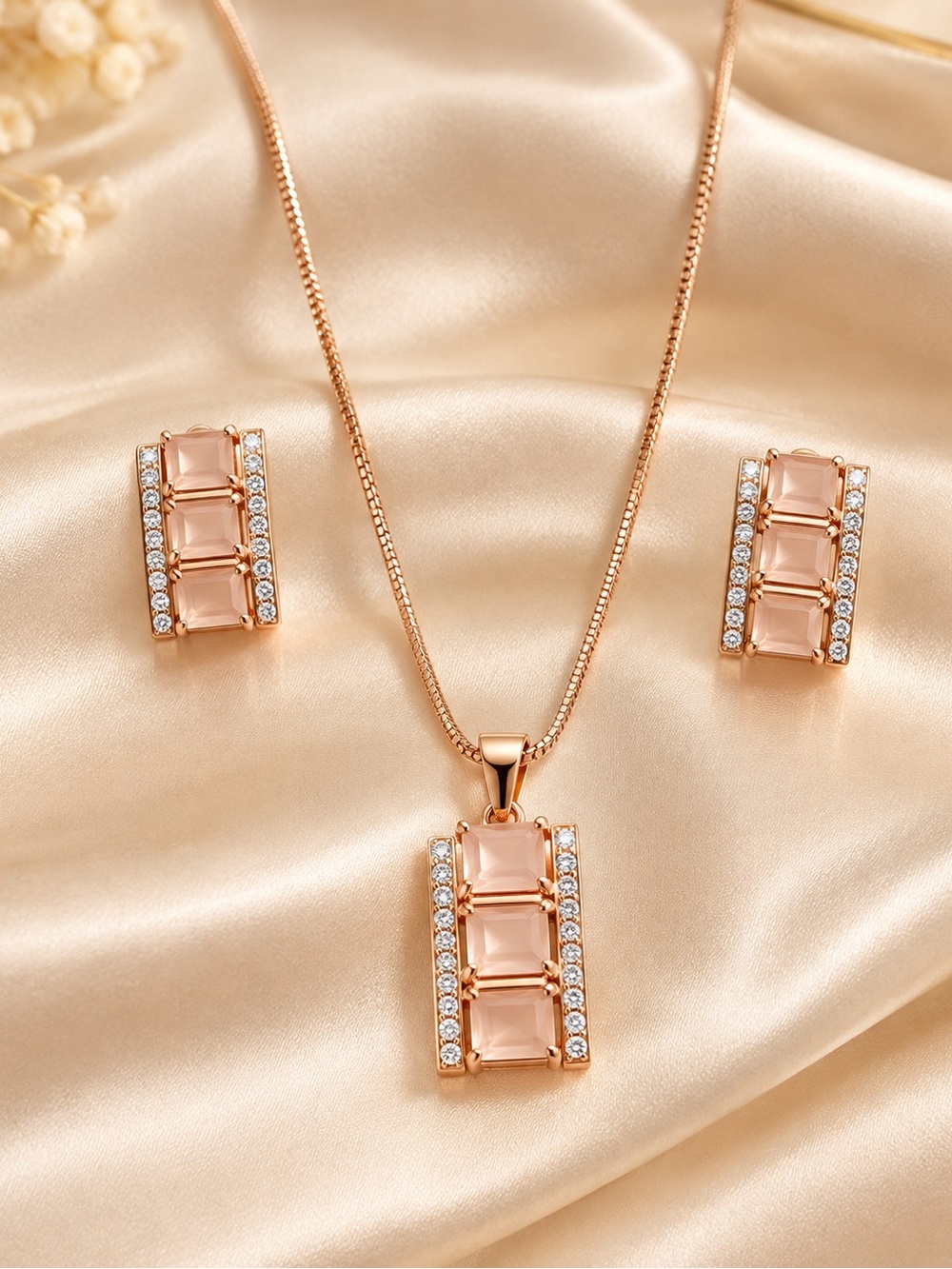 Rose Gold Pink Crystal Pendant Necklace and Earring Set
